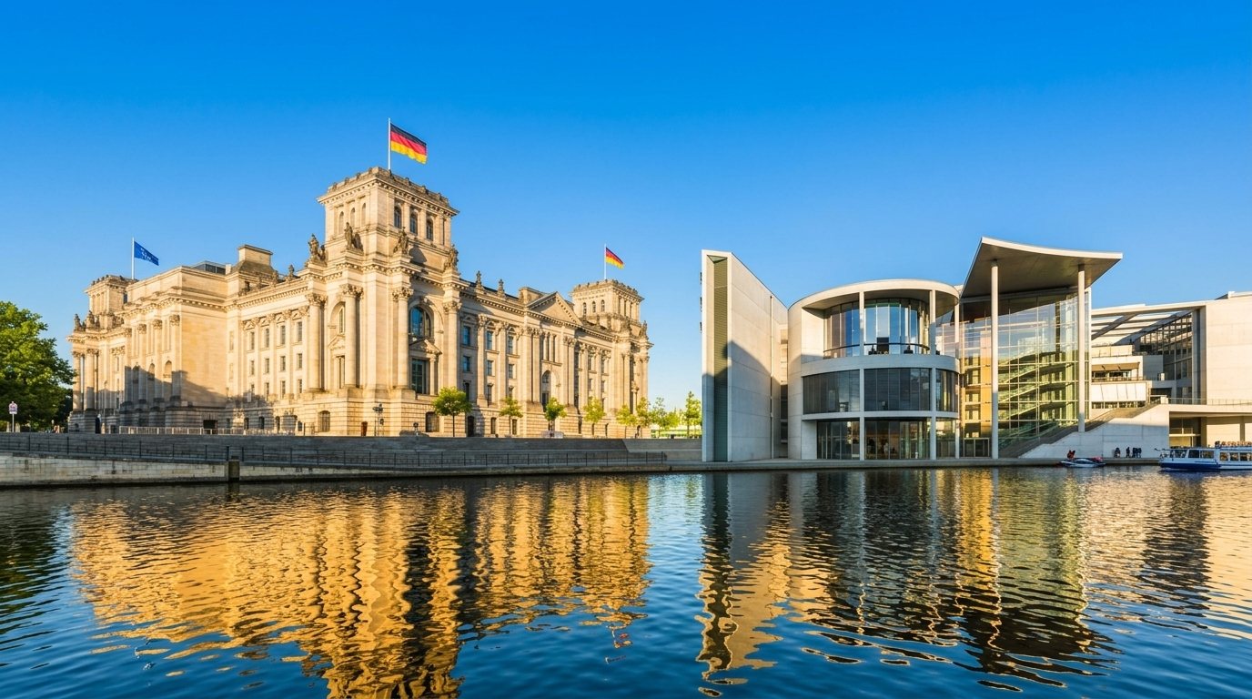 Reichstagsgebäude und Paul-Löbe-Haus an der Spree in Berlin